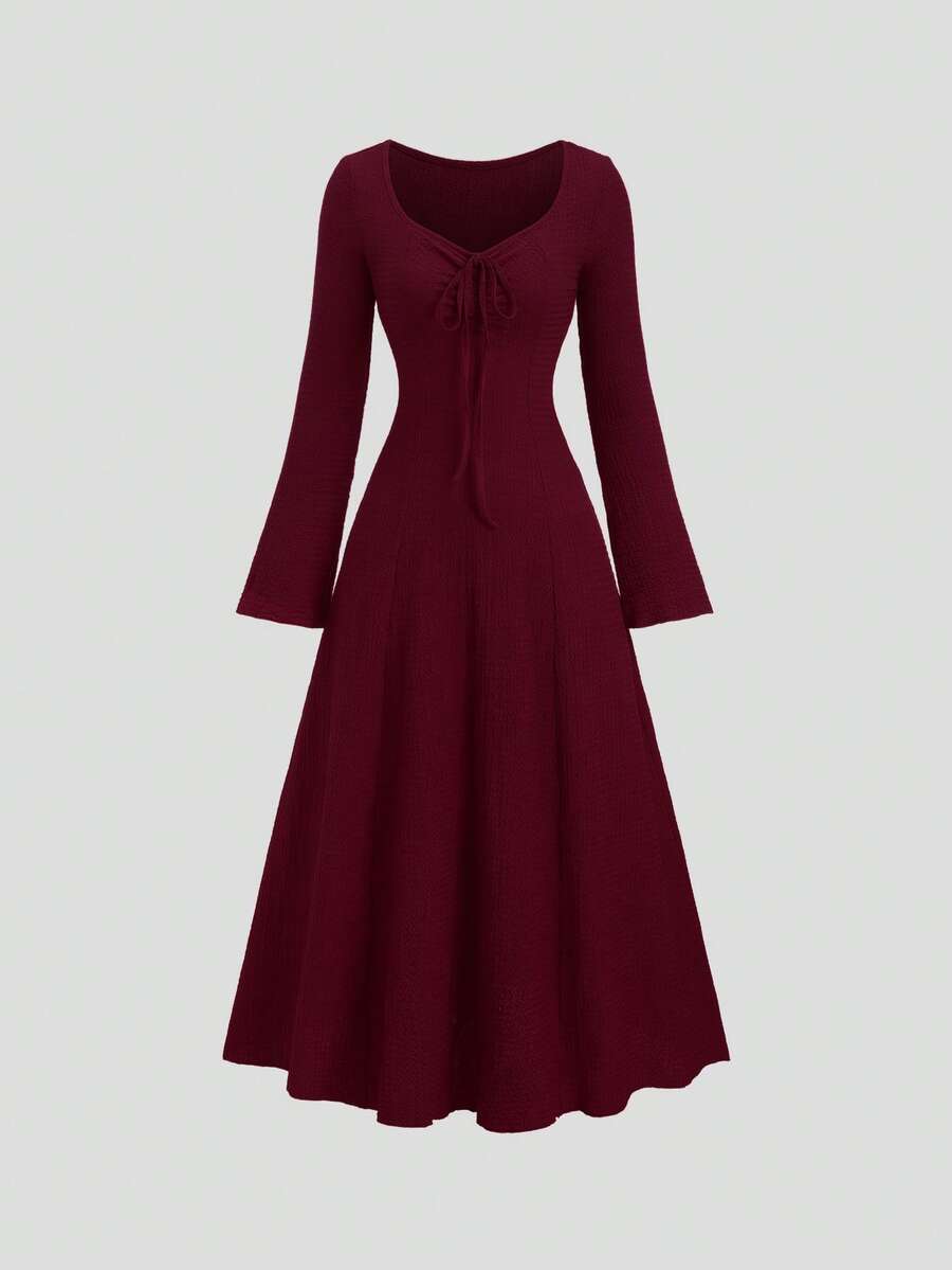Sweetra Women's Solid Color Front Tie Fitted Flare Sleeve Waist Cinched Dress - Redwood - View 1