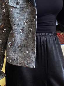 Livesso Autumn PU Leather Black Silver Sequin Patchwork Short Jacket,Elegant For Party Night,New Year,Christmas,Wedding,Fashion Event Women Coats Carnival - Silver - View 8