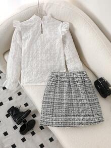 Elladie kids Tween Girls' Fashionable & Sweet Floral Embroidered White Top Paired With Black & White Plaid Skirt Casual Minimalist T-Shirt Set - White - View 2