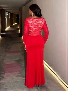 Slaydiva Đầm maxi cỡ lớn màu đỏ trơn, ôm sát, cổ chữ V sâu, tay dài, phối ren, co giãn, nhún eo, thích hợp cho mùa Thu/Đông, dự tiệc, hẹn hò, dạ hội, lễ tốt nghiệp, đám cưới, sinh nhật, ngày lễ tình nhân, tụ họp, tiệc độc thân. Đầm maxi ôm sát, cổ chữ V sâu, tay dài, chất liệu ren, co giãn, dáng suông, cỡ lớn, thích hợp cho dịp Giáng sinh. - Đỏ - Xem 2