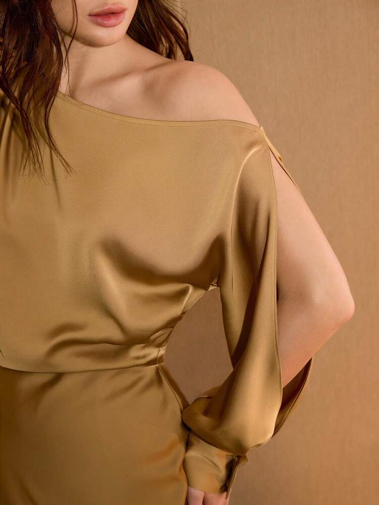 FASHIONABLE SATIN ASYMMETRICAL SHOULDER SPLIT LANTERN LONG SLEEVE MERMAID HEM DRESS