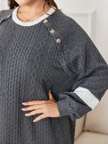 Lacomfia Sudadera con capucha de punto casual de manga larga y bloques de color talla grande - Gris - Ver 6