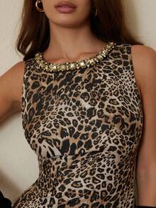 GENKIRA Vestido elegante y único de mujer con cuello redondo, sin mangas, con estampado de leopardo con rhinestones y lentejuelas, para otoño/invierno - Multicolor - Ver 4