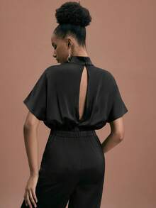 JIAN LASALA Mock Neck Batwing Sleeves Wide Leg Open Back Black Satin Jumpsuit Women Elegant Party Christmas Flare Jumpsuit Black Jumpsuit For Women Wide Leg Jumpsuit Curve Jumpsuit Elegant Jumpsuits - Black - View 3