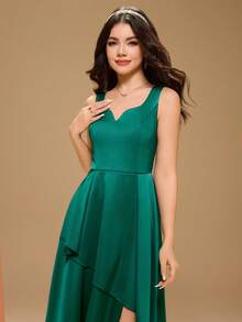Elegant Prom Dress For Teen Girl, Flower Girl Dress For Weddings, Graduation, Halloween, Christmas, Green Satin Deep V Spaghetti Strap Maxi Dress For Big Girls, Asymmetric Hem Puffy Princess Dress For School Return - Green - View 4