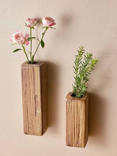 Cirelle 1个方形仿木纹陶瓷桌面装饰花瓶，可挂墙摆放，复古风格，新款中式陶瓷花瓶装饰，适用于客厅、工作室，乔迁新居礼物