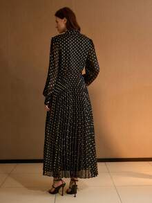 MOTF PREMIUM GOLD POLKA DOT ALLOVER PRINT TIE NECK PLEATED HEM DRESS , OLD MONEY - Black and White - View 4
