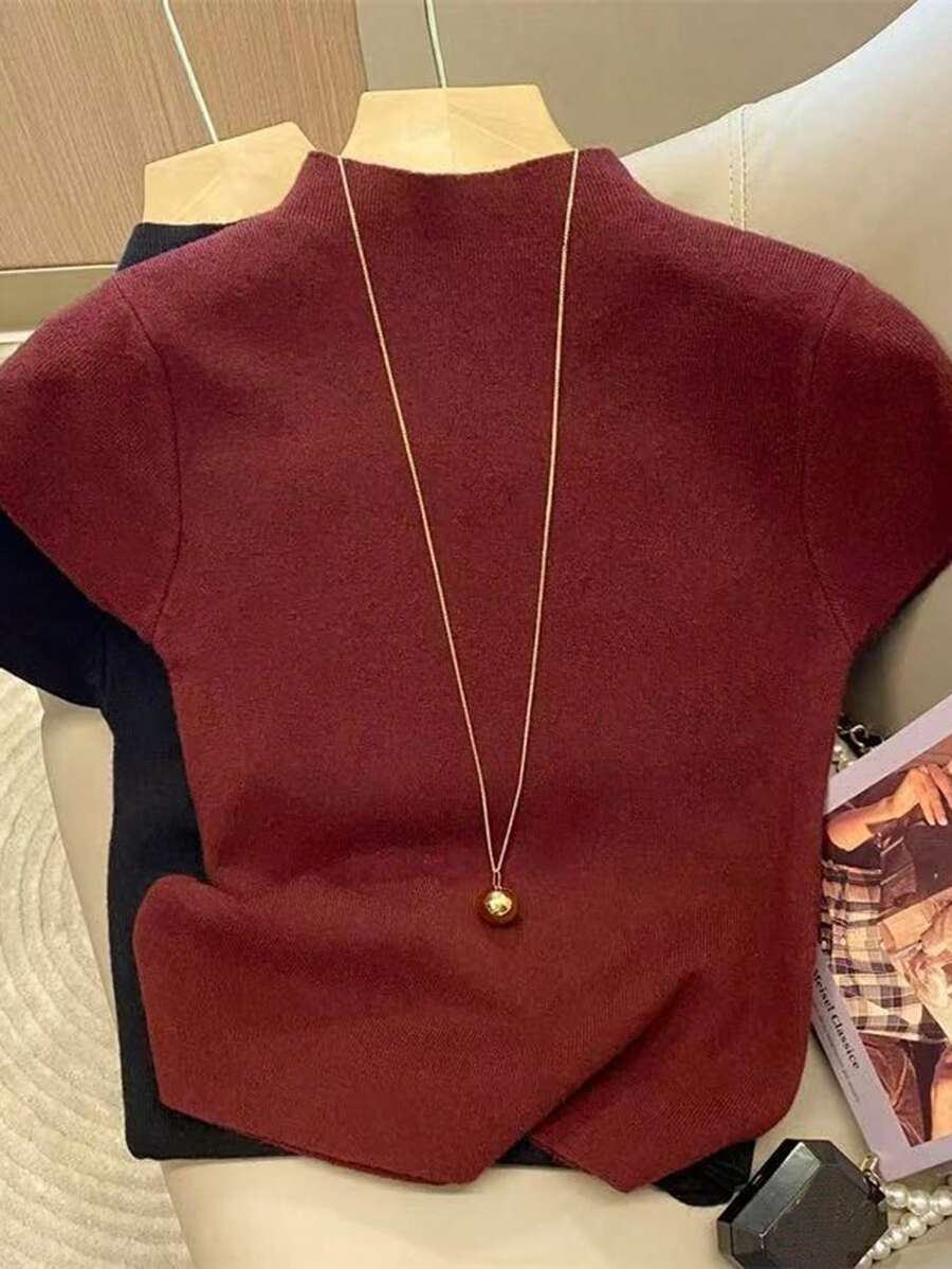 Franclia 女士纯色立领短袖休闲针织套头毛衣 - 彩色 - 查看 1