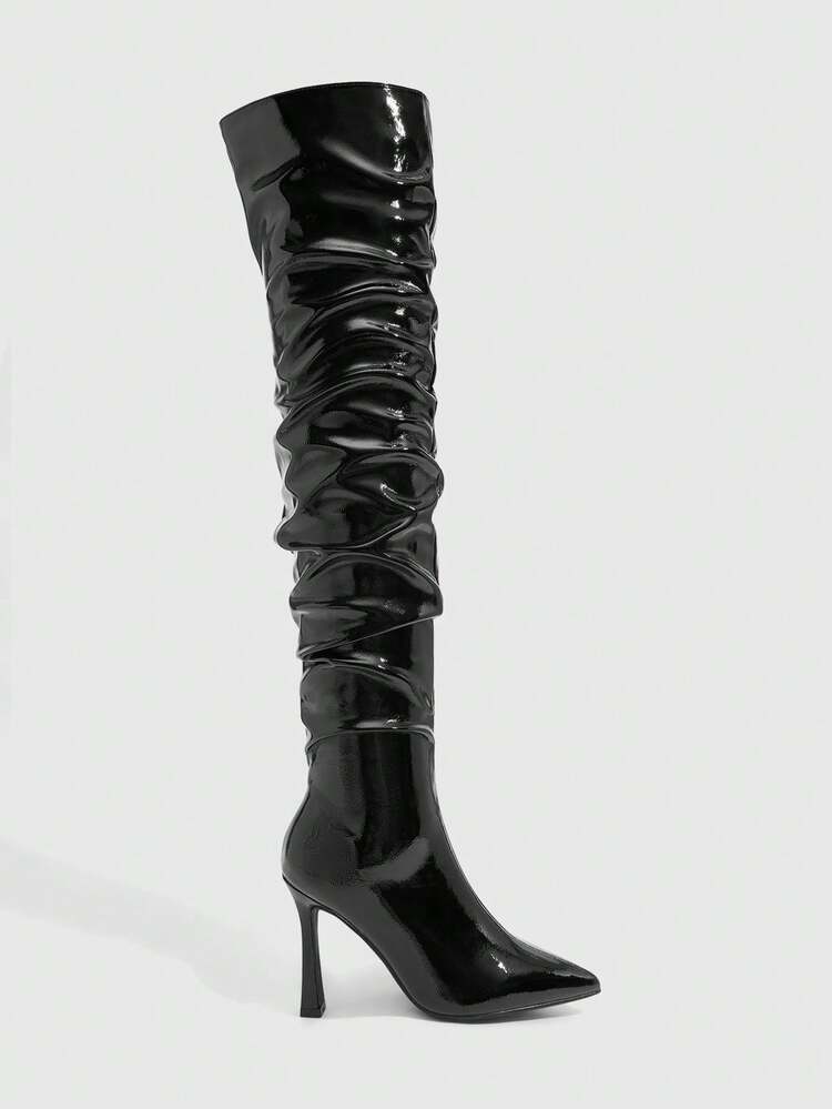CUCCOO SZL Women's Fashionable Pointed Toe Stiletto Heel Black Tall Boots, Wrinkled Over-The-Knee Boots, Sexy Party Evening Nightclub High Heels For Christmas Spring Shoes