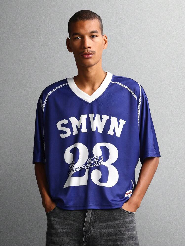 Varsity Jersey V Neck Tee With Number Graphic