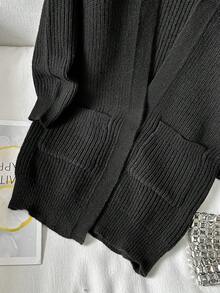 Minimalist Casual - Style Black Knitted Cardigan For Teenagers, With Regular Long - Sleeve Design, Moderate Thickness Suiting Multiple Seasons, Practical Double - Pocket Style, Easy To Wear For Occasions Like Campus Study And Daily Outings - Black - View 4