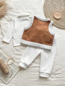 Vintaside Kids 3pcs/Set Baby Boys Autumn/Winter New 2025 Plush Rib Fabric High Collar Long Sleeve T-Shirt, Drawstring Pants, Thermal Lined Zip-Up Cardigan & Vest 3-Piece Outfit, Street Fashion