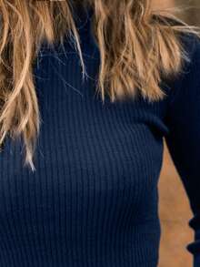 EURMUSE Áo thun tay dài cổ lọ màu trơn đơn giản, dáng ôm, thu/đông - Màu xanh hải quân - Xem 5