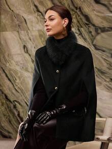 MOTF PREMIUM FUZZY COLLAR CAPE OVERCOAT - Black - View 4