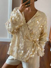 Livesso Áo kiểu sang trọng màu vàng/vàng sâm panh đính sequin, thích hợp cho tiệc tùng/đám cưới/các dịp trang trọng, có dây buộc, dành cho nữ mùa thu/đông và năm mới. - Vàng - Xem 3
