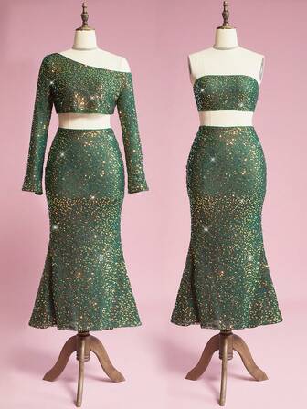 ROMWE Avant 2 pièces Ensemble de Top court sexy avec broderie de paillettes et jupe queue de poisson, style vacances pour femmes