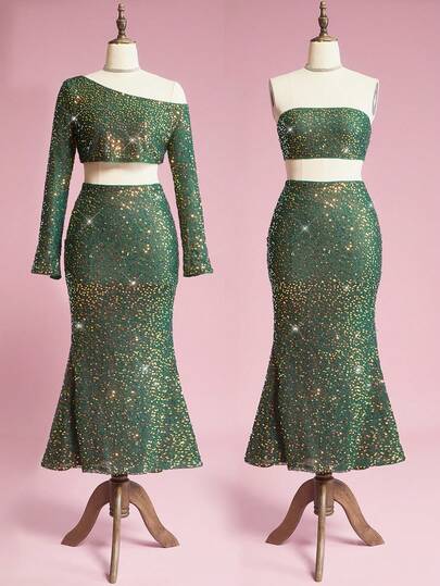 ROMWE Avant 2 pièces Ensemble de Top court sexy avec broderie de paillettes et jupe queue de poisson, style vacances pour femmes