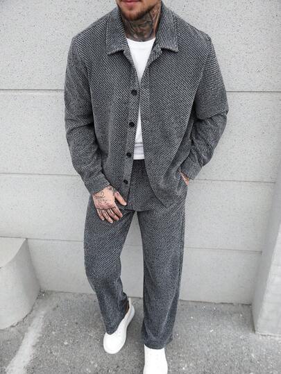 SLATEMANN 男士休闲单排扣衬衫长裤套装，适合日常通勤和秋季穿着