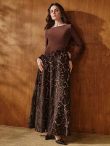 Anewsta 女士露肩长袖镂空刺绣修身喇叭裙 - 黑色 - 查看 6