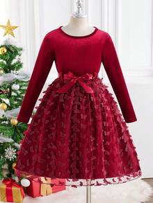 Glamorique Kids Elegancka dziewczęca sukienka z okrągłym dekoltem i długim rękawem, aksamitna, z uroczą kokardką 3D i siateczką na dole, odpowiednia na Boże Narodzenie, przyjęcia świąteczne i do noszenia na co dzień, w kolorze czerwonym, jesień/zima/wiosna - Burgund - Zobacz 3