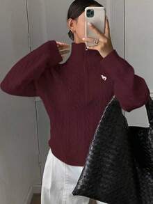 Livesso Suéter holgado de media cremallera casual para mujer, nueva colección de otoño - Burdeos - Ver 6