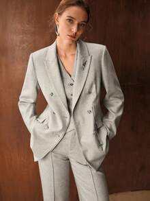 MOTF PREMIUM WOOL BLEND V-NECK SINGLE BREASTED PLACKET BLAZER VEST , FALL WINTER - Light Grey - View 6