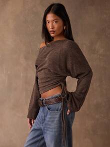 SHEIN BAE Women's Oblique Shoulder Long Sleeve Cropped Casual T-Shirt, Fashionable & Versatile - Coffee Brown - View 5