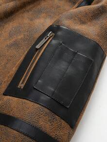 Manfinity Homme Men's Long Sleeve Fluffy Collar Zip-Up Casual Jacket, Autumn/Winter, Men Brown Jacket, Men Winter Jacket, Men Casual Jacket, Men Outerwear - Brown - View 3