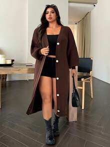 SHEIN EZwear 大码女式棕色灯笼袖单排扣休闲针织开衫，秋冬 - 棕色 - 查看 7