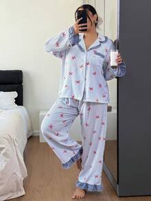 Dream Adore Plus Size Women Striped Bow Print Contrast Color Ruffle Trim Long Sleeve Pajama Set With Open Front Collar Bow Print Pajamas Striped Pajamas Ruffle Trim Pajamas Sleep Wear Women 2 Piece Set, Fall & Winter Clothes