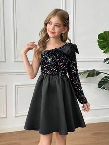 SHEIN Váy chữ A thắt nơ lớn bất đối xứng bằng nhung dệt kim thanh lịch cho bé gái tuổi mới lớn, váy maxi đen cho bé gái, váy dự tiệc đính sequin cho bé gái, thích hợp cho Giáng sinh, năm mới, tiệc sinh nhật, mùa cưới - màu đen - Xem 7