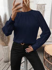 SHEIN LUNE Women's Casual Commuter Solid Color Patchwork Raglan Sleeve Fold Pleated Loose Blouse, Spring/Autumn - Navy Blue - View 5