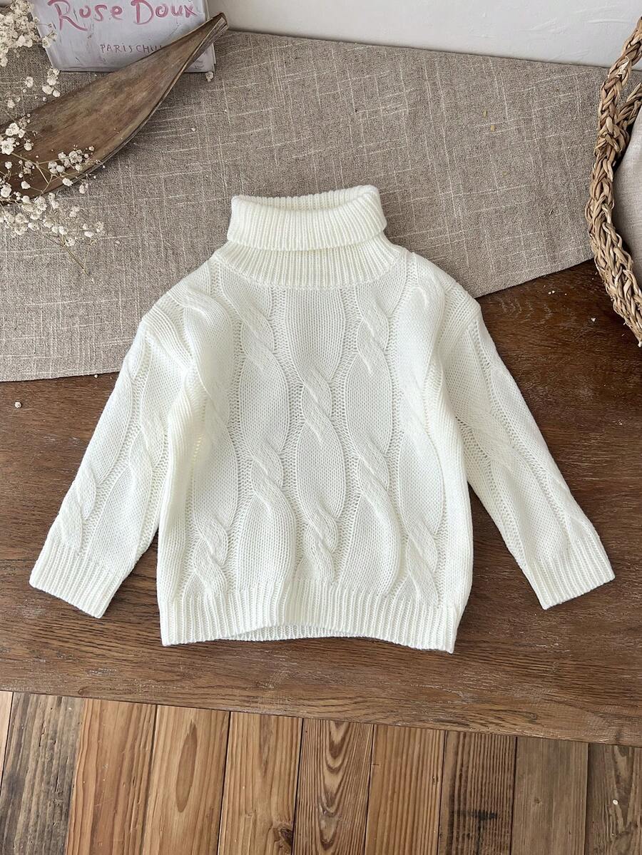 SHEIN LMoss Kids LMoss Cute And Versatile Milk White Simple High Neck Long Sleeve Sweater For Baby Girls, Autumn/Winter - White - View 1