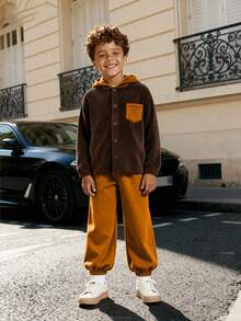 SHEIN Explorewe Bộ 2 áo nỉ nhung có mũ trùm đầu thời trang, khóa kéo nửa đầu và quần rút dây cho bé trai, trang phục thường ngày - màu đen - Xem 3