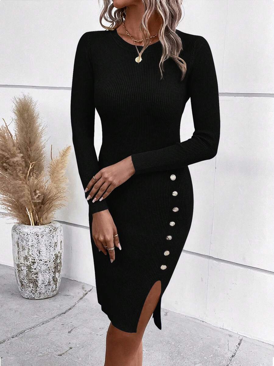 SHEIN Clasi Women Solid Ribbed Knit Split Hem Bodycon Sweater Dress In Fall/Winter - Black - View 1