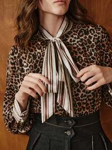 Anewsta Women's Animal Print High Collar Tie Long Sleeve Blouse, Autumn/Winter - Multicolor - View 1