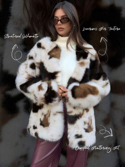 Aloruh 女式仿皮草大衣，奶牛印花蓬松波西米亚风格厚外套，复古户外穿着，秋冬