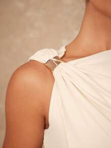 Lumalex 女士优雅休闲杏色圆领系带金属装饰纽扣无袖修身喇叭短连衣裙，春夏款 - 杏色 - 查看 6