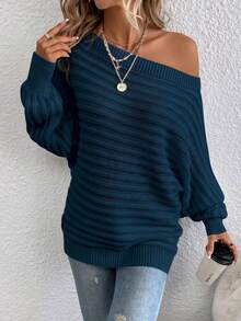 SHEIN LUNE 大码女式长袖露肩毛衣 - 寶藍色 - 查看 6