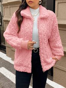 SHEIN Frenchy Jaqueta feminina plus size casual, simples e felpuda, de manga comprida, ideal para o inverno. - Rosa - Ver 6