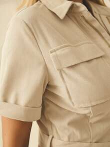 Aralina Women's Solid Color Short Sleeve Zipper Front Multi-Pocket Casual Jumpsuit - Beige - View 4
