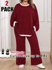 SHEIN CURVE+ 2 件套加大码撞色边罗纹针织圆领长袖上衣和开衩长裤，女士冬装 - 酒紅色 - 查看 1