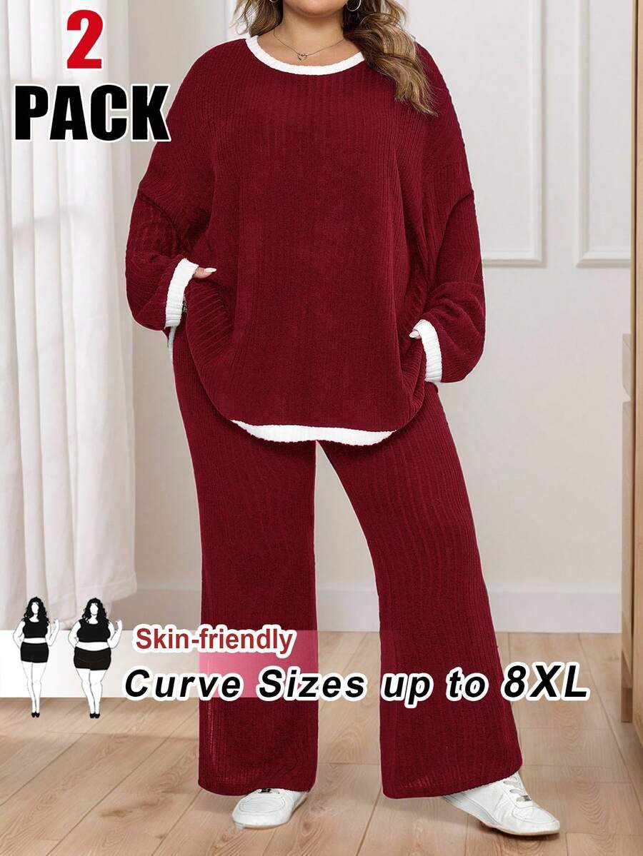 SHEIN CURVE+ 2 件套加大码撞色边罗纹针织圆领长袖上衣和开衩长裤,女士冬装 - 酒紅色 - 查看 1