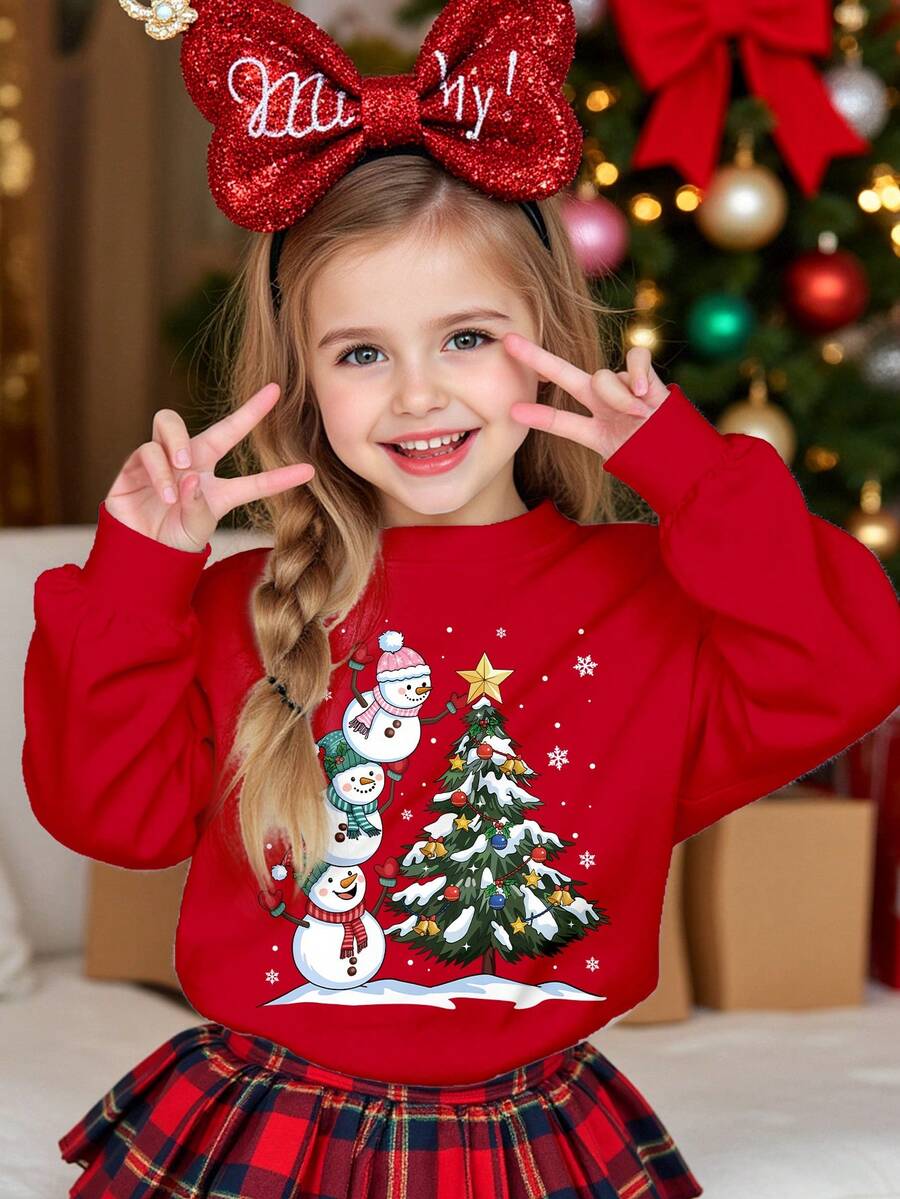 SHEIN Happikins Christmas Family Set,Young Girl Red Autumn Party Casual Thick Soft Warm Long Sleeve Crew Neck Sweatshirt,Snowman Christmas Tree Star Print - Red - View 1