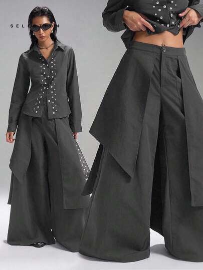 LYSMO Women's Solid Color Pocket Casual Versatile Wide Leg Pants