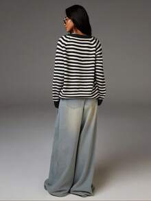 Athîral 女士休闲通勤条纹轻薄开衫条纹开衫女开衫夏季开衫蓝绿色开衫秋冬白色开衫 - 黑與白 - 查看 2