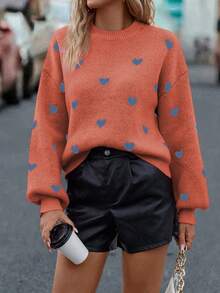 SHEIN LUNE Heart Pattern Knit Sweater, Casual For Autumn/Winter - Orange - View 4