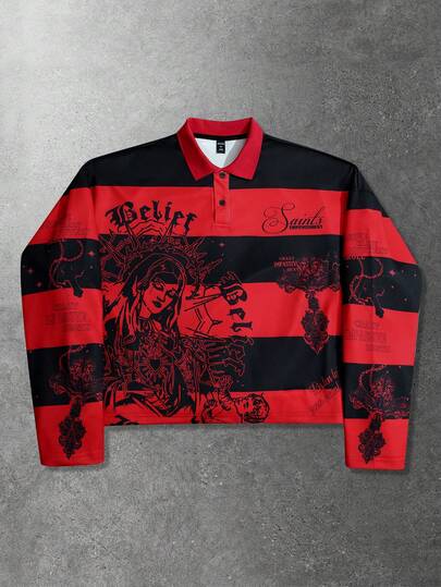 Street Life Felpa uomo retrò con grafica a righe e stampa della Vergine Maria, stile americano da strada