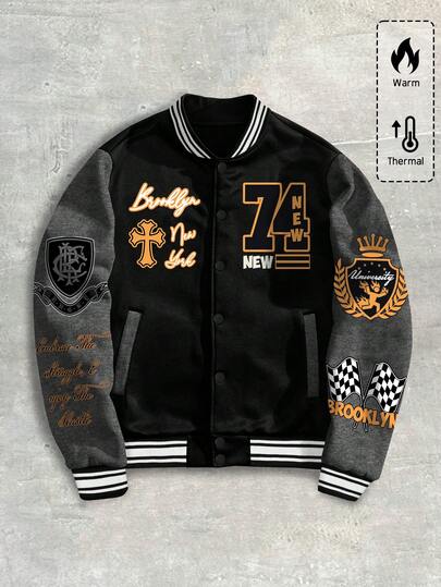 Street Life Men's Preppy Letter & Cross Print Long Sleeve Single-Breasted Casual Baseball Jacket