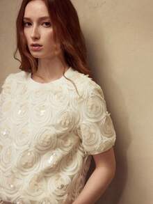 MOTF PREMIUM Top in maglia lavorata a trama con paillettes e maniche a palloncino, alla moda, elegante, di lusso - Albicocca - Visualizzare 6